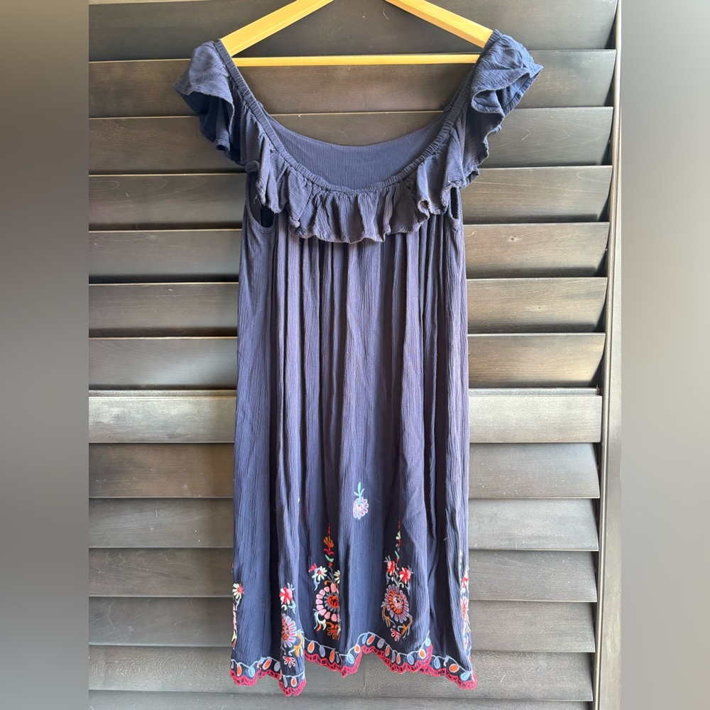 Aeropostle Women's Medium Navy Dress Embroidered Flowers Boho